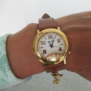 VTG 1990s Ladie's Guess Watch Gold Tone Brown Vegan Leather Strap, New Battery